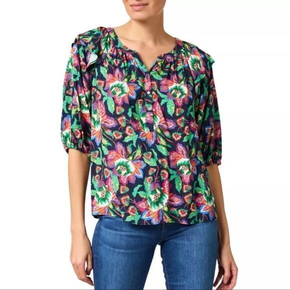 XIRENA‎ Floral Multicolor Ruffled Puff Elbow Sleeve Kirana Blouse Top Size XS